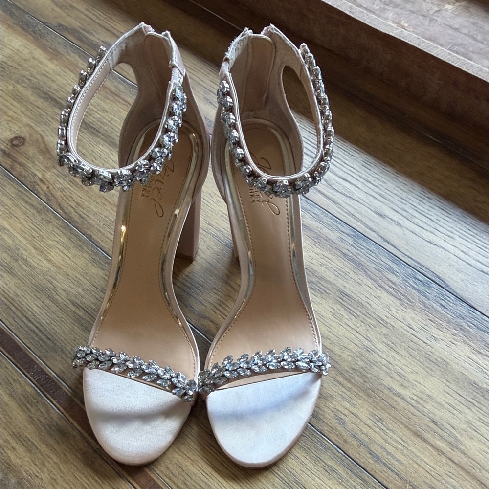 Crystal-Ankle Strap Satin Heels in Light Beige